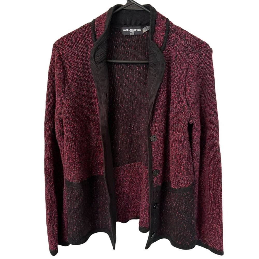 Karl Lagerfeld Paris Burgundy Black Marled Knit Button Front Cardigan Small‎ h2